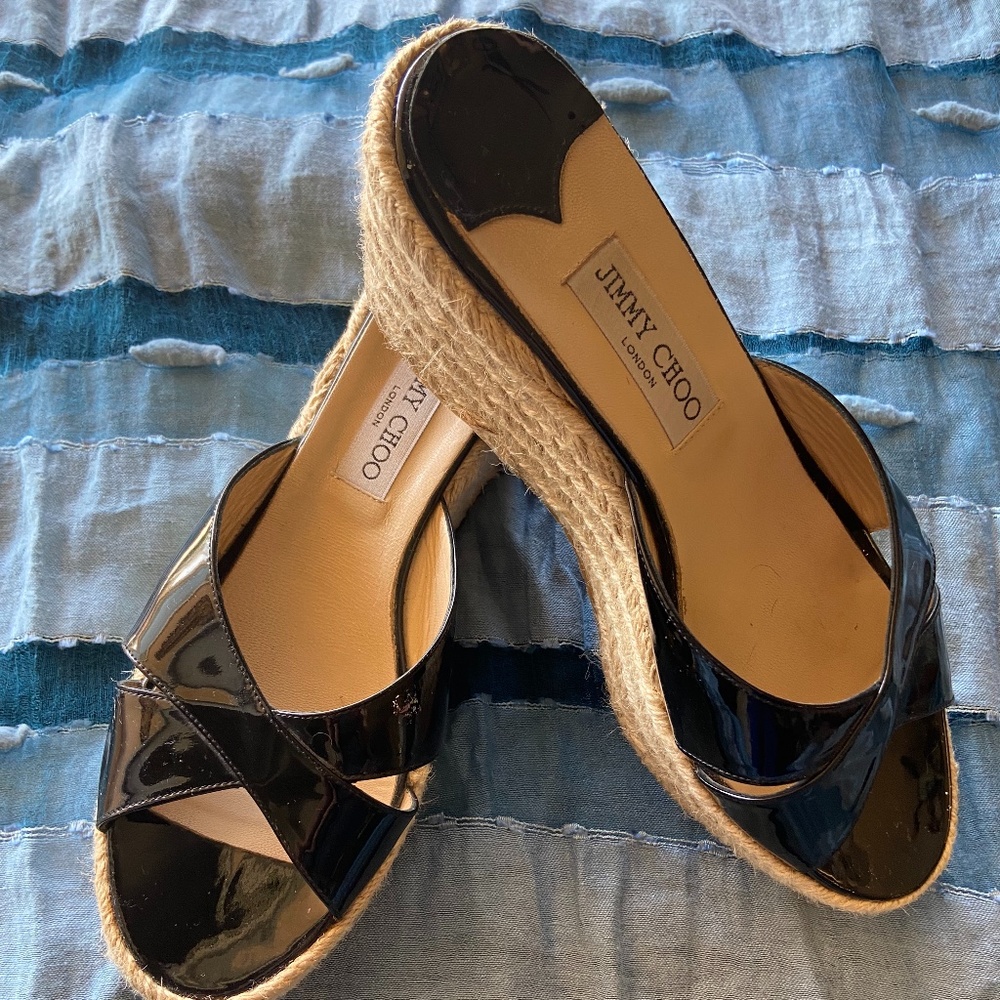 Jimmy Choo Black Patent Wedge Sandals